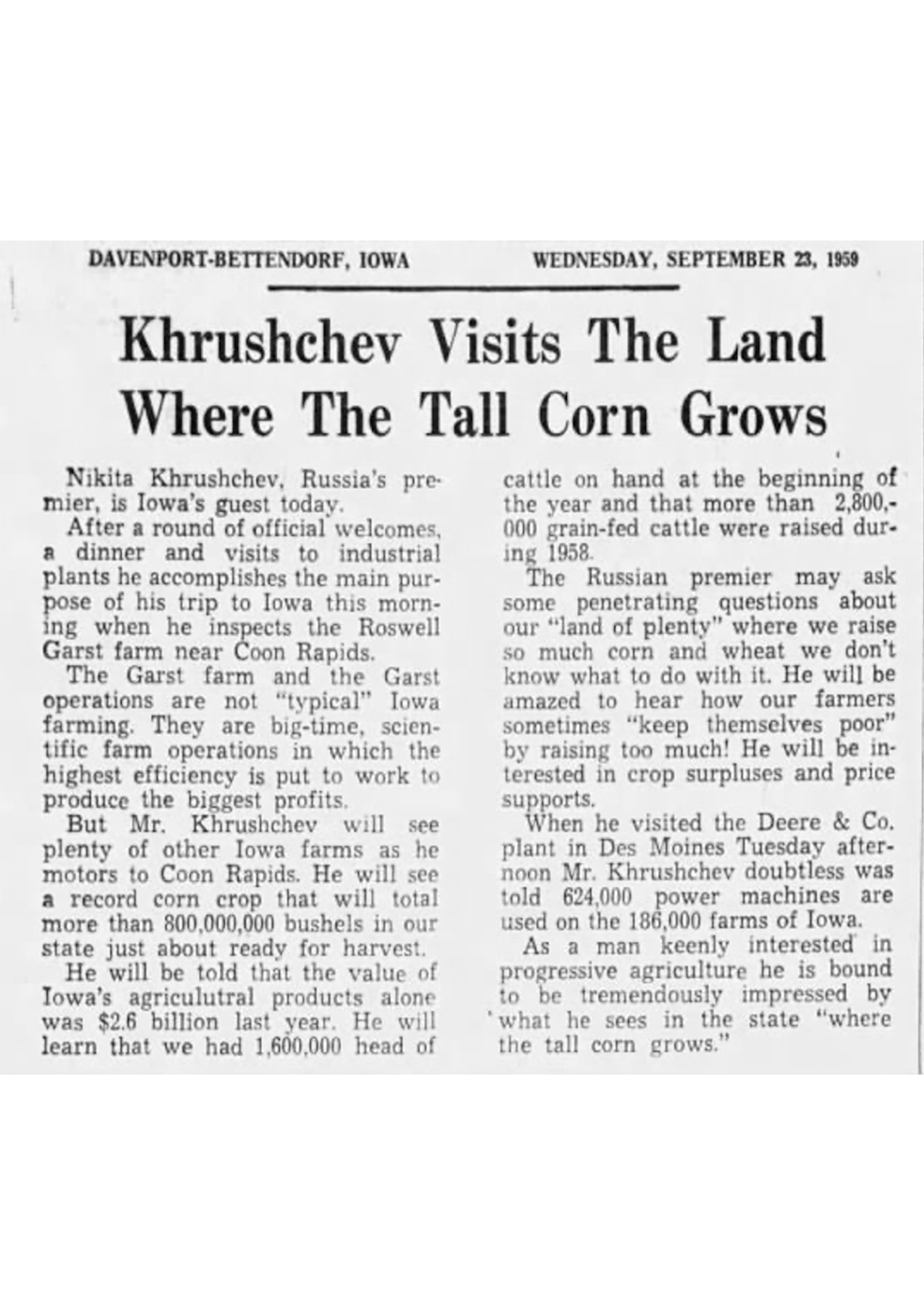 Krushchev Visits the Land Where the Tall Corn Grows